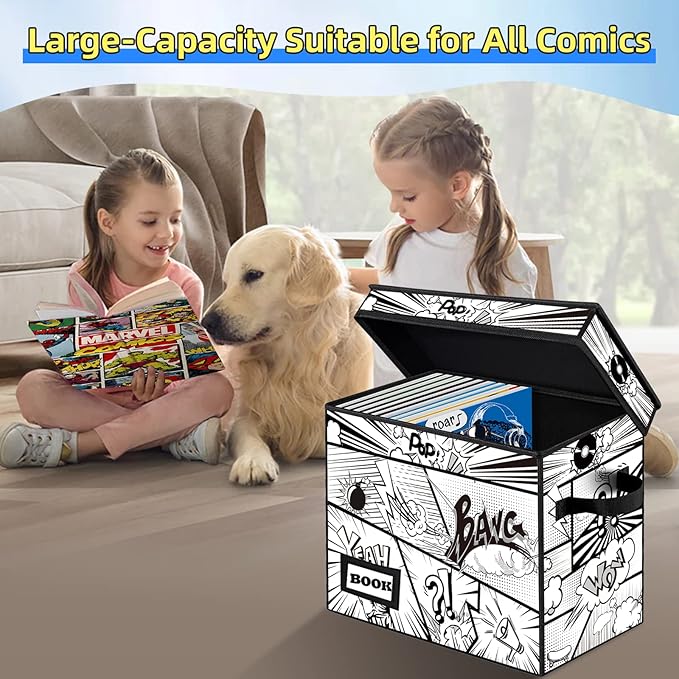 5 Pack Comic Book Storage Box, 15.8" X 7.8" X 11.8", Collapsible Holds 160-180 Comic Book Short Box Bin Container Holder Shelf(Cartoon Bombs)
