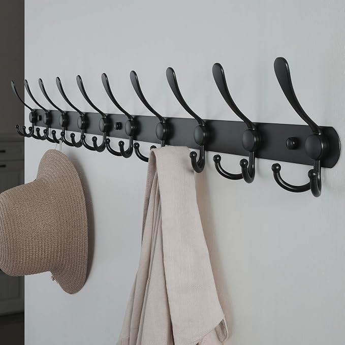 Dseap Coat Rack Wall Mount - 38” Long 10-Tri-Hooks Heavy Duty Coat Hanger Rail Wall Hooks for Hanging Coats Hats Clothing Clothes Purse Mudroom Entryway, Black
