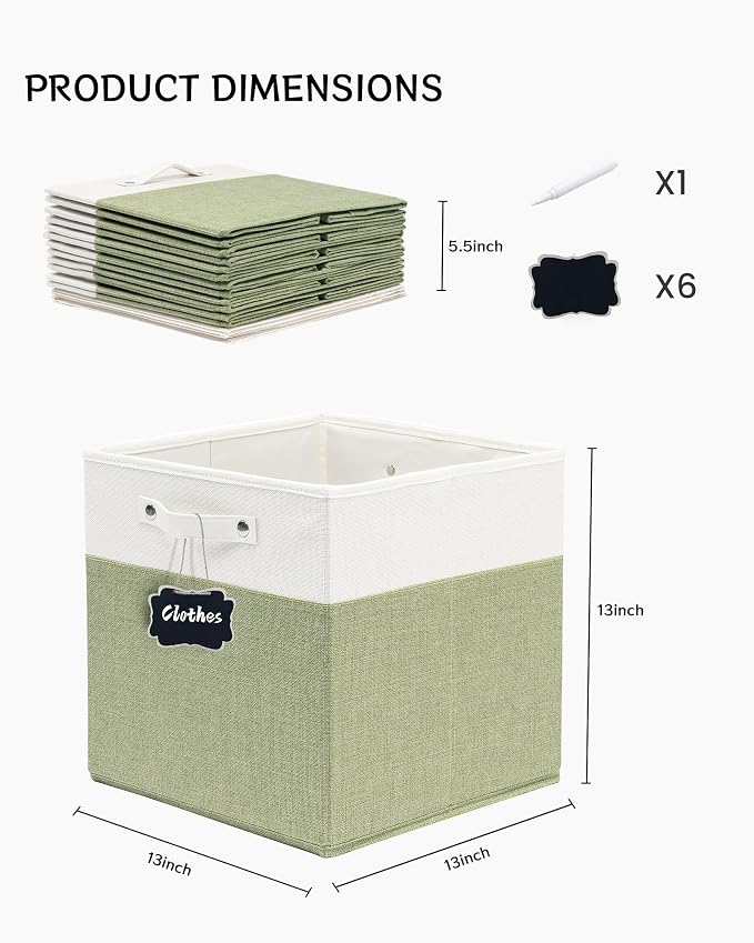 FinishingBo 13 inch Cube Storage Bins with Handles 6 Pack | Foldable Linen Storage Baskets, Closet Organizers, Shelf Baskets, White Green