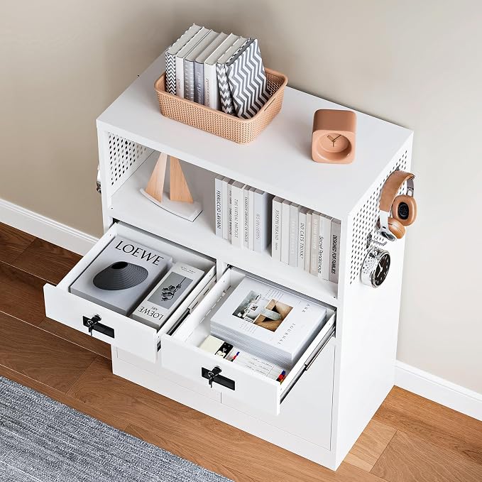 Storage Cabinet with Drawers, 41.3" Steel Lockable Storage Cabinet with Doors and Side Pegboard, Metal Cabinet for Garage, School, Home Office, White