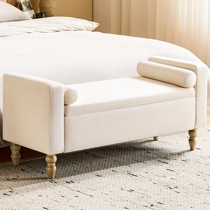Large Storage Ottoman Bench, 45.7" Linen Upholstered Entryway Bench with Solid Wood Legs, End of Bed Bench, Shoe Bench, Ottoman Storage Chest for Bedroom/Living Room/Entryway,Beige