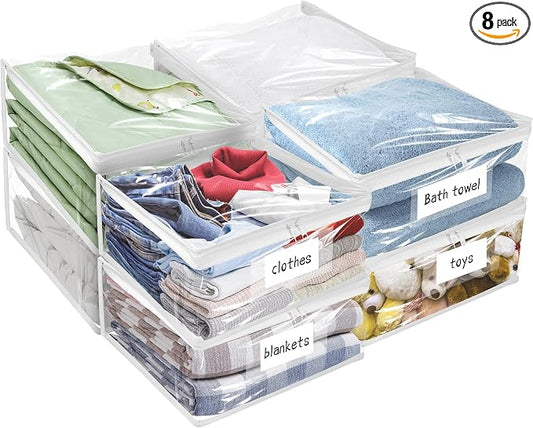 Kikerike Plastic Storage Bags with Easy-Glide Zipper, Pack of 8, Durable Clear Vinyl Zippered Storage Bags for Clothes Sweaters Comforters Blankets Sheets Bedding (23.6 x 16.9 x 13.8 Inch, White)