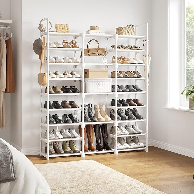 WOWLIVE 9 Tier 3-Column Shoe Rack, 50-55 Pairs Stackable White | 50in long for larger entryways. Removable shelves fit tall boots. Split into multiple units for garage/closet.