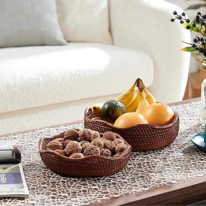 YANGQIHOME Rattan Bread Basket, Round Fruit Baskets, Wicker Storage Bowls, Natural Woven Serving Basket Bowls, Decorative Baskets for Kitchen Counter Organizing (Brown S/M/L)