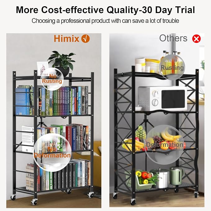 Himix 4-Tier Foldable Storage Shelf with Wheels 20 Hooks Black No Assembly | Metal collapsible organization, Folding storage rack, Wire shelving, Unit Rolling Cart, Kitchen, Garage, Holds 352 Ibs