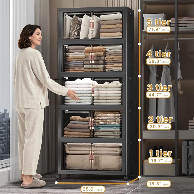 UAMFURI Stackable Storage Bins, 560QT Collapsible Drawers with 1 Lid | Large Capacity, Magnetic Door, Stack Lock, Rolling Wheels, Foldable Design, Organizers and Storage for Bedroom Dorm Garage