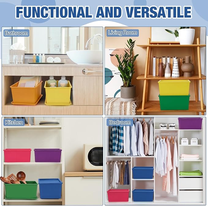 6 Pcs Storage Bins with Lids Small Plastic Storage Containers Stackable Storing Baskets Box Cute Organizer Bins for Organizing Shelves (Colorful)