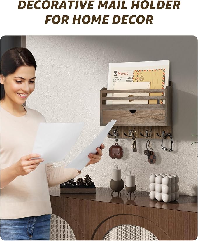 Rebee Vision Mail Organizer Wall Mount with Hooks for Entryway, Retro Brown | Key and Mail Holder for Wall, Storage Drawer, 7 Key Hooks, Mail Organizer, Rustic Home Decor, Office and Garage Organization
