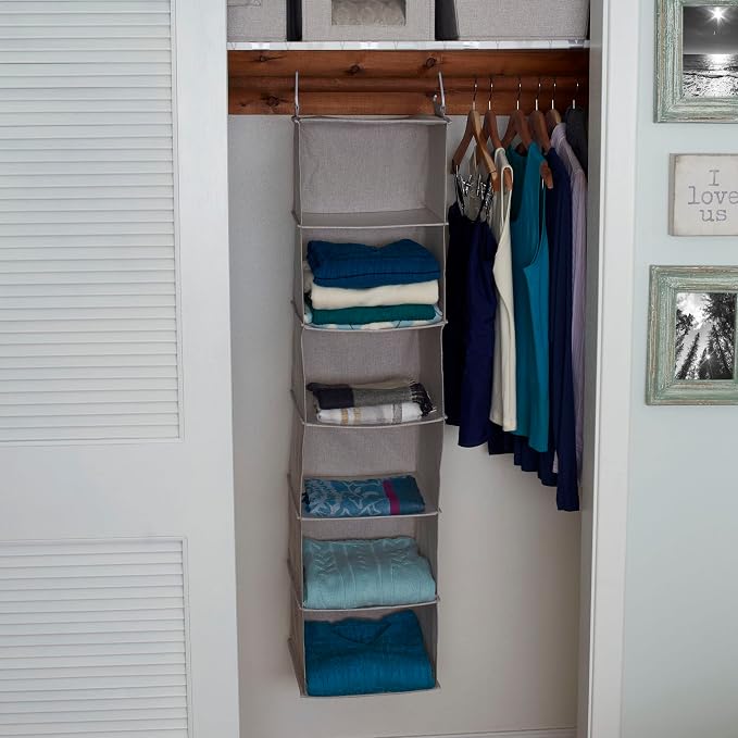 Household Essentials 6 Shelf Hanging Closet Organizer, Hanging Closet Shelf, Fabric Poly Linen and PEVA Shelving