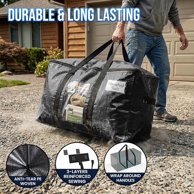 TAILI Extra Large Moving Bags, 12 Pack Black Heavy Duty Totes For Storage with Visible Window, Wrap Around Handles, Storage Bags for Space Saving, Alternative to Moving Boxes