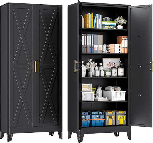 71" Metal Storage Cabinet with 2 Doors and 4 Adjustable Shelves,Black Farmhouse Kitchen Pantry Cabinet,Steel Garage Tool Cabinet,File Cabinetfor Home,Office,Dinning Living Room,Warehouse
