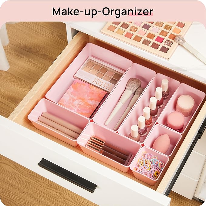 Vtopmart 25 PCS Plastic Drawer Organizers Set, 4-Size Versatile Bathroom and Vanity Drawer Organizer Trays, Storage Bins for Makeup, Bedroom, Kitchen Gadgets Utensils and Office | 4-Size Versatile Makeup Organizer, Storage Containers Small Bins for Mak...