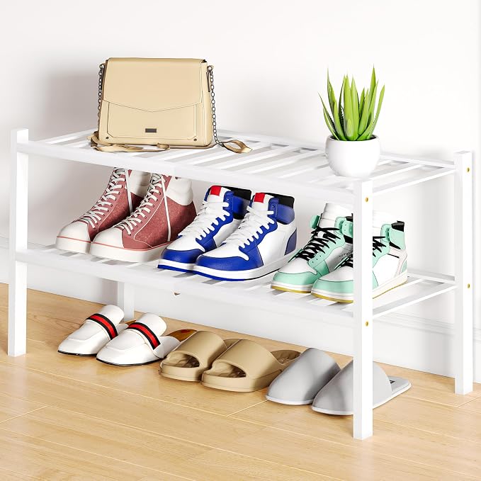Smiry Bamboo Shoe Rack, 12 Vertical Slats, 2 Tier - 26.8" Wide, White | Stackable Free Standing Wooden Shoe Organizer, Wood Shoe Storage Shelf for Closet, Entryway