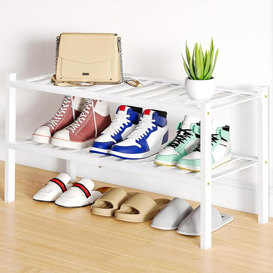 Smiry Bamboo Shoe Rack, 12 Vertical Slats, 2 Tier - 26.8" Wide, White | Stackable Free Standing Wooden Shoe Organizer, Wood Shoe Storage Shelf for Closet, Entryway