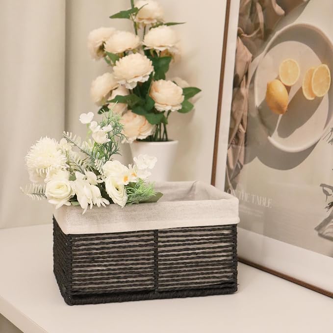 GYASVWU Hand-Woven Paper Rope Storage Baskets,Rectangular Wicker Baskets for Organizing,Decorative Woven Basket for Storage,Shelf Basket for Living Room,Storage Baskets for Pantry (Black - Small)