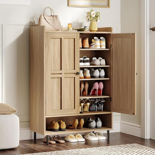 ONBRILL Shoe Cabinet with Cross Molding Doors, 6-Tier Shoe Storage Cabinet with 3 Adjustable Shelves and Metal Legs, 45'' Tall Shoes Rack Organizer Cabinet for Entryway, Front Door, Natural Oak