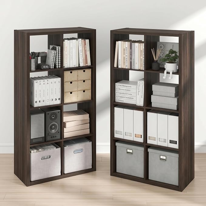 Furinno Cubicle Book Shelf Set of 2, 8-Cube Bookshelf, Black Dark Oak | 14.6 x 30 x 57.9, Thick Frame, Horizontal & Vertical Reversible Bookcase, Open Back, for Living Room, Bedroom, Home Office