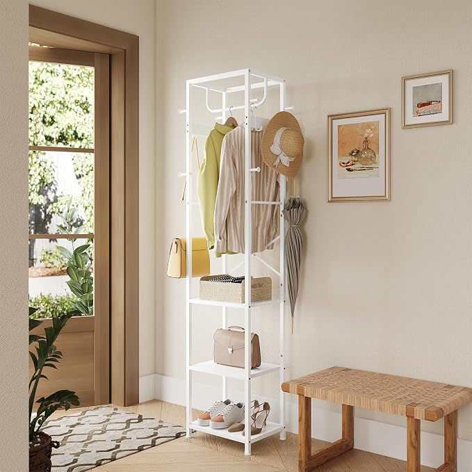 ELYKEN Coat Rack Freestanding, Hall Tree with 3 Shelves and 12 Hooks, White | Industrial Metal Frame, Space-Saving Design, Clothes Rack Stand Organizer for Bedroom, Hallway, Entryway, Office, Living Room