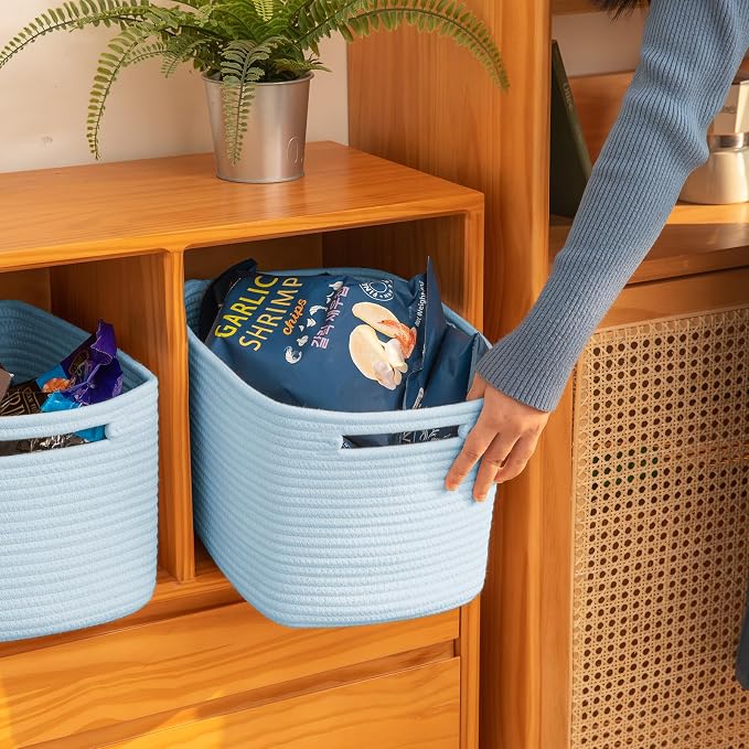OIAHOMY 4 Pack Storage Baskets for Organizing, Cube Storage Bins for Shelves, Rectangle Storage Baskets With Handles, Woven Baskets for Storage, 12.7''Lx9''Wx7.8''H, Light Blue