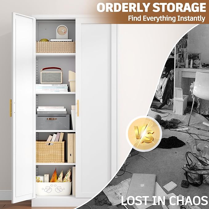 71”Tall Kitchen Pantry Cabinet, Metal Storage Cabinet with Doors and Shelves (White)
