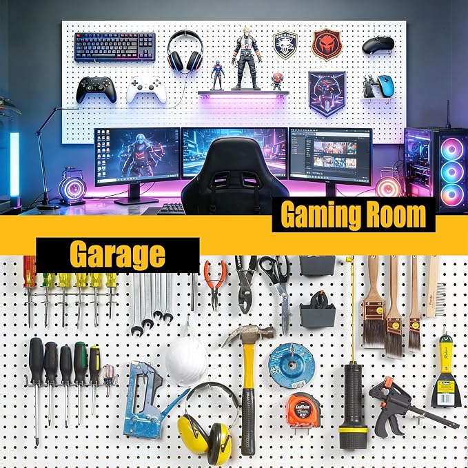 Spampur Peg Board, 6 Pack Metal Pegboard Panels with 50 Hooks | White Pegboards Wall Organizer, Heavy Duty Peg Board for Garage Tool Storage, Office Organization, Craft Room, Desk
