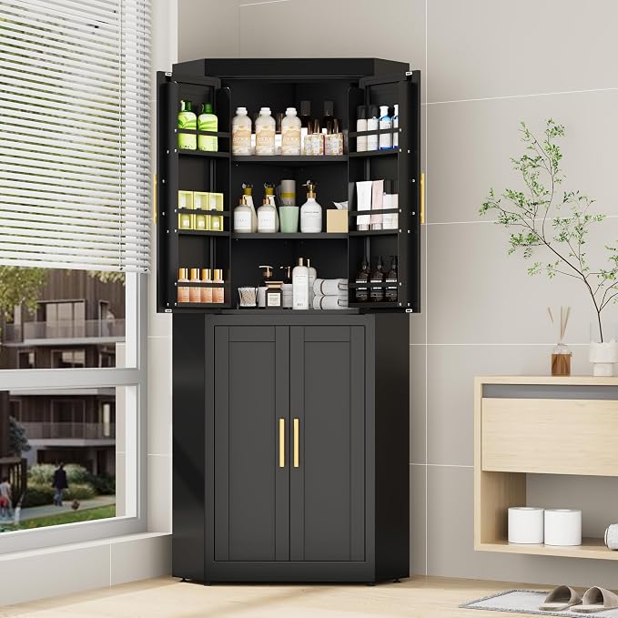 Farmhouse Corner Cabinet, 63" Tall Corner Storage Cabinet with 4 Doors & 3 Adjustable Shelves, Free Standing Storage Cabinet for Living Room, Kitchen, Bathroom, Black