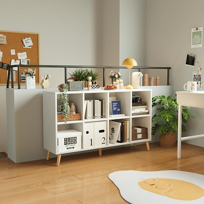 8-Cube Bookshelf 2 Tier Modern Bookcase with Legs, 11in Shelf Opening, 47" Wood Bookshelves Storage Organizer Shelf, Freestanding Open Book Shelves for Bedroom Living Room Office, White