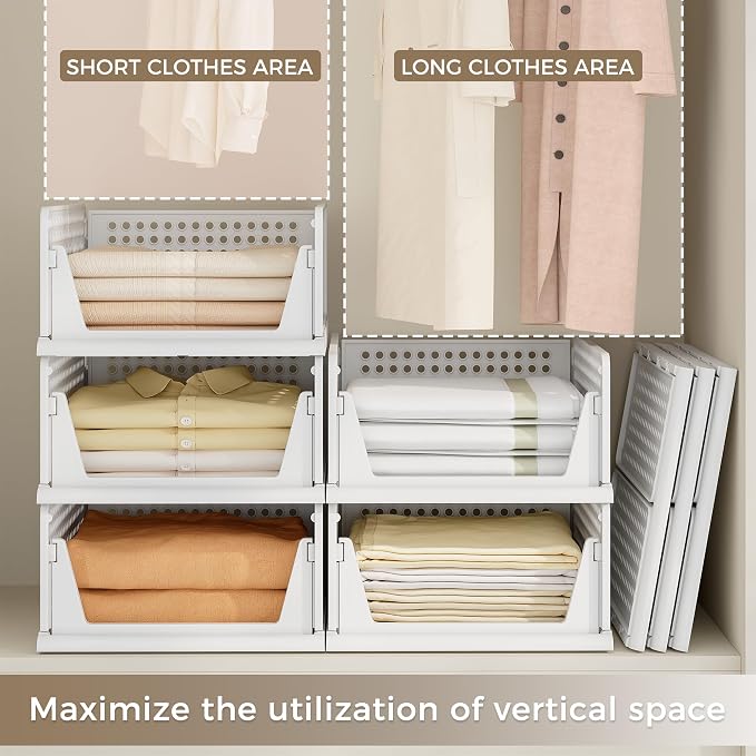 Pinkpum 8 Pack Closet Organizer Storage Bins Stackable Plastic Drawer Shelf | Basket for Clothing Stackable Storage Bins Shelf Storage Container for Closet Wardrobe Bedroom Bathroom Office White Foldable