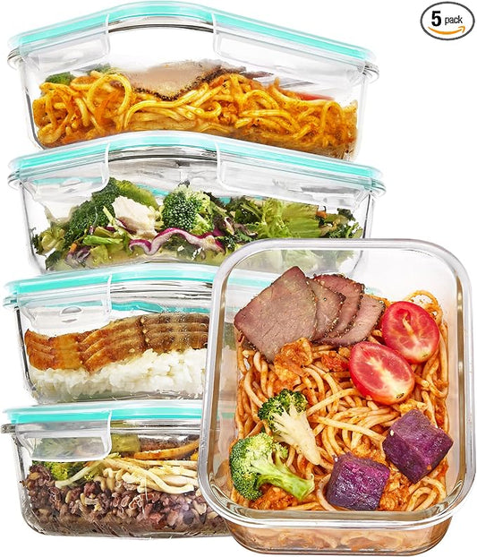Vtopmart 5 Pack 35oz Glass Food Storage Containers with Lids, Green | Meal Prep Containers, Airtight Reusable Lunch Container Set, Safe for Oven, Microwave, Freezer, and Dishwasher, BPA Free