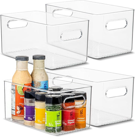 Plastic Food Storage 4 Pack Clear Container Bin with Handles for Organizing Kitchen, Pantry, Fridge, Freezer, Pantry,Bathroom. 10"x6"x5"