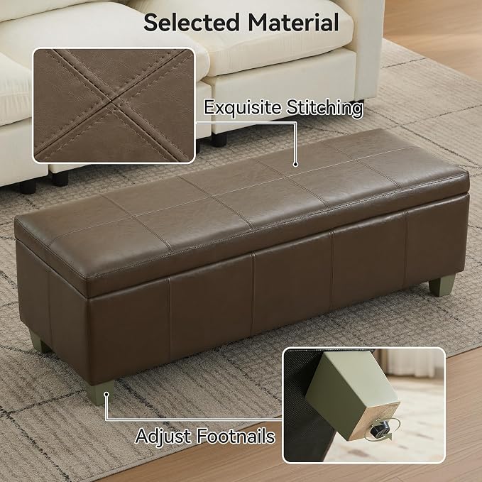 WUTUTUEE 51" Faux Leather Storage Ottoman, Stitch Tufted Rectangle Upholstered End of Bed Storage Bench, Entryway Large Couch Ottoman with Wooden Legs, Coffee