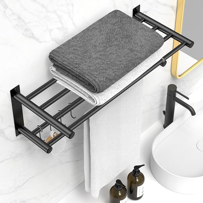 CAXIMSY Black Adjustable Black Towel Bar for Bathroom Wall Mount17-30.7inch Adhesive Shower Towel Rack Stainless Steel Bath Towel Holders for Toilet Kitchen Double Towel Hanger