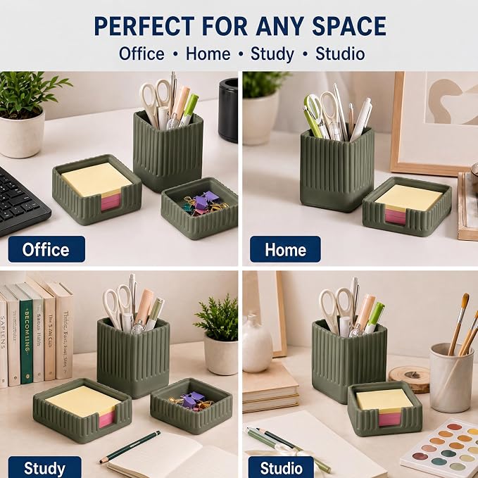 Desk Organizer Set of 3 for Office Accessories - Includes Pen Holder, Paperclip Storage, and Sticky Note Holder - Aesthetic Concrete Desktop Accessories for Women or Men, Office Decor (Green)