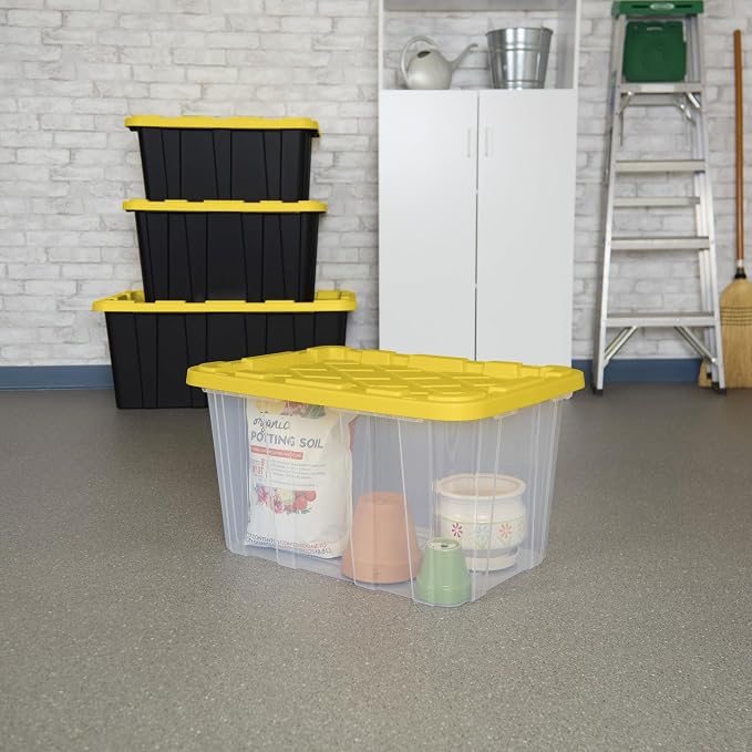 Sterilite Industrial Storage Tote with Lids for Garage, 27 Gallon, 8-Pack | Heavy-Duty and Stackable Utility Box Containers for Home, Office, and Basement Organization, Yellow