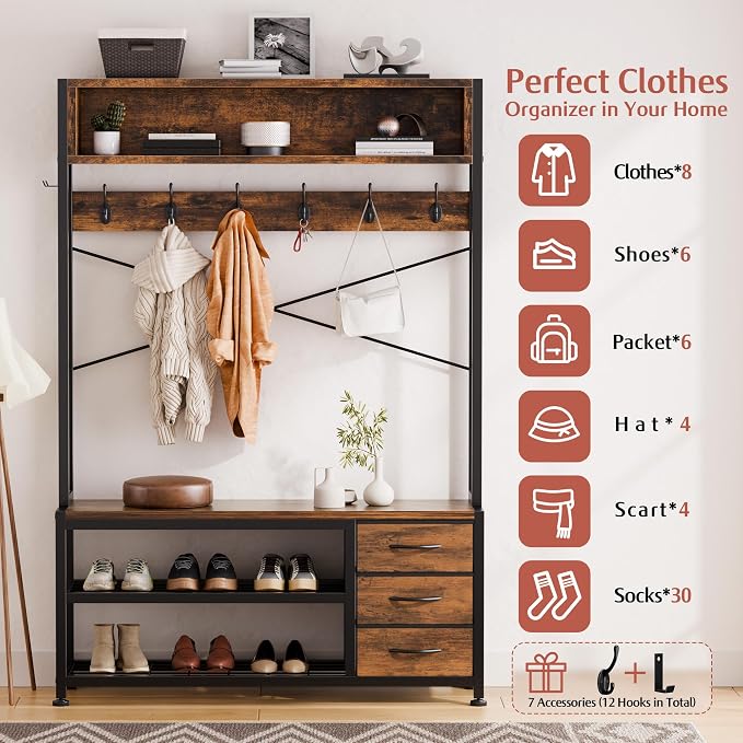 Hall Tree with Bench and 3 Drawers Storage, 39.4" Coat Rack Freestanding