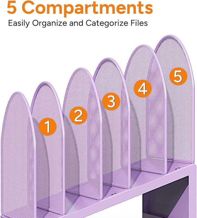 5-Section Desk File Organizer | Metal Mesh Folder Organizer for Documents, Mail & Office Papers (Purple)