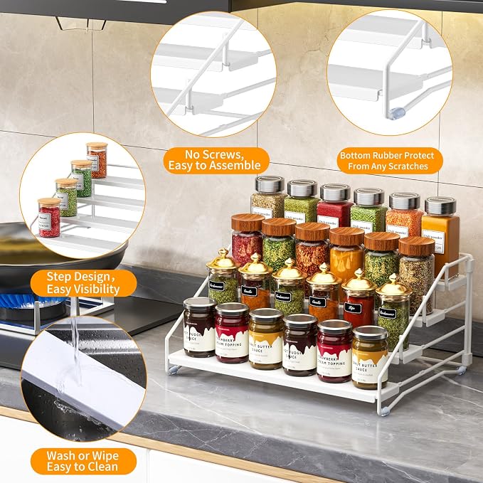 Spice Rack Organizer for Cabinet, Depth Adjustable 4 Tier Spice Rack,1 Pack | White, Metal Spice Organization for Cabinet, Easy Visibility, Tiered Spice Rack Perfect for Cabinet, Pantry and Countertop