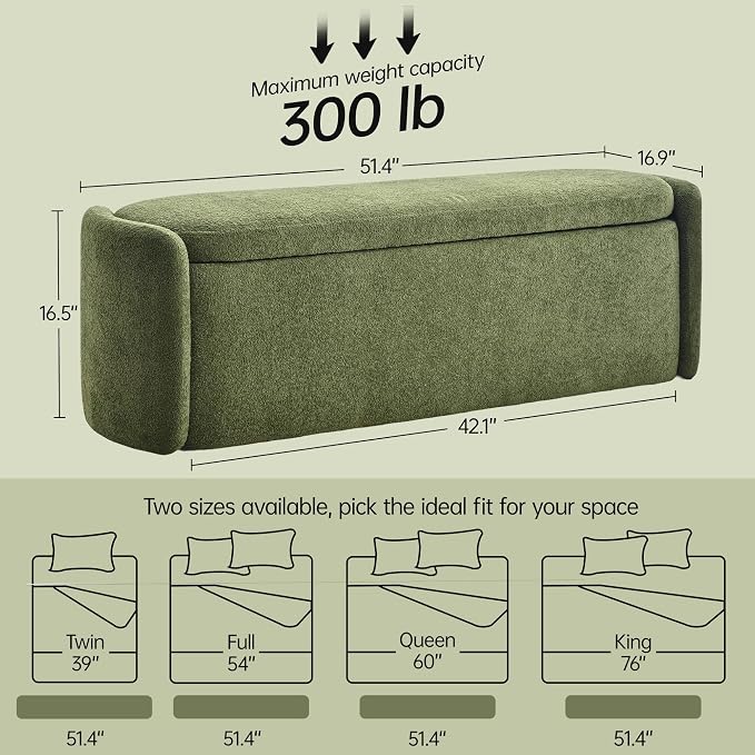 VKNOW Storage Bench, Upholstered Storage Ottoman Bench with Hinge, Green | Ottoman Bench with Large Capacity, Curved Frame, King Size Bench, Storage Bench for Bedroom, Living Room, Entryway, Window