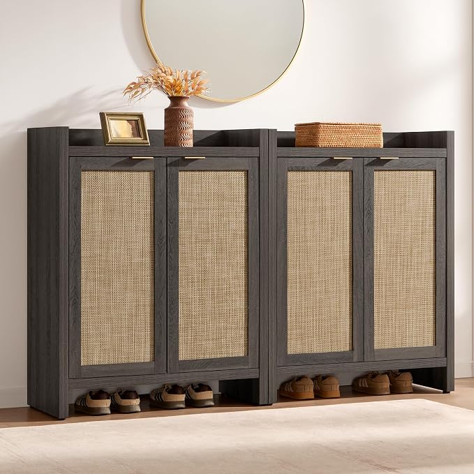 SICOTAS Shoe Cabinet Set of 2 Large Capacity Shoe Storage Organizer Cabinet | Tall Rattan Shoe Cabinet with Doors and Shelves, 6-Tier Farmhouse Boho Wooden Storage Cabinet for Entryway, Black Oak