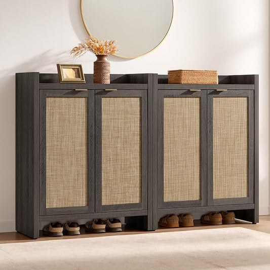 SICOTAS Shoe Cabinet Set of 2 Large Capacity Shoe Storage Organizer Cabinet | Tall Rattan Shoe Cabinet with Doors and Shelves, 6-Tier Farmhouse Boho Wooden Storage Cabinet for Entryway, Black Oak