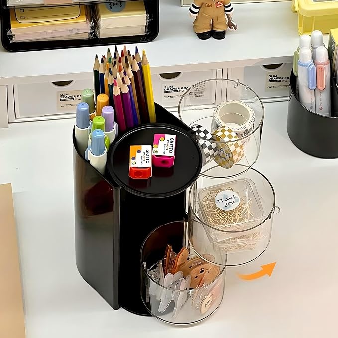 Azurphoric Hair Accessories Organizer with Hair Brush Holder(Black,3-Layer) | Rotatable Makeup Brush Holder for Necklaces, Earring, Bracelet, Ring, Makeup Brushes, Hair Clip and Hair Accessories
