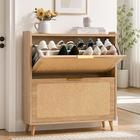 Shoe Cabinet, Rattan Shoe Storage Cabinet for Entryway with Flip Drawers | 2 Flip Drawers, Breathable Rattan, Odor Resistant, Hidden Shoe Organizer, Slim Space Saving, Narrow Cabinet, Entryway Storage