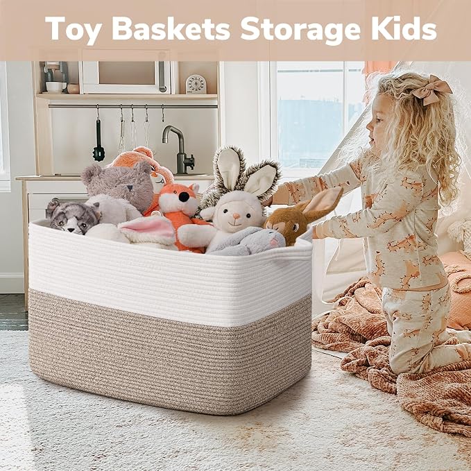Goodpick 75L Extra Large Woven Storage Basket, 22" x 17" x 12", Light Brown | Rectangle Cotton Rope Basket, Blankets, Pillows & Toys Storage, Living Room & Bedroom Organization, Natural Home Decor