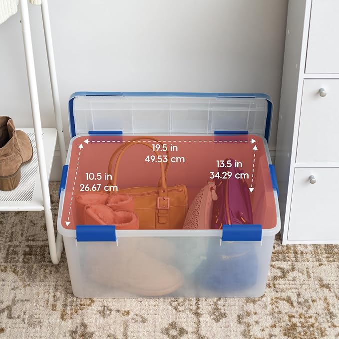 IRIS USA 3-Pack 60 Qt Storage Bins with Gasket Lids, Clear/Blue | WeatherPro seal helps protect bulky items for moving, garage, attic and basement storage
