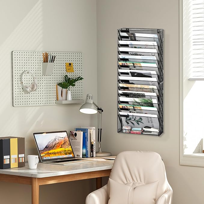 EasyPAG Wall File Holder 14 Tier Mesh Hanging Folder Organizer with Flat Tray Wall Mounted Mail Organizer Magazine Paper Desk Shelf with Nametag Label for Office Home School, Black