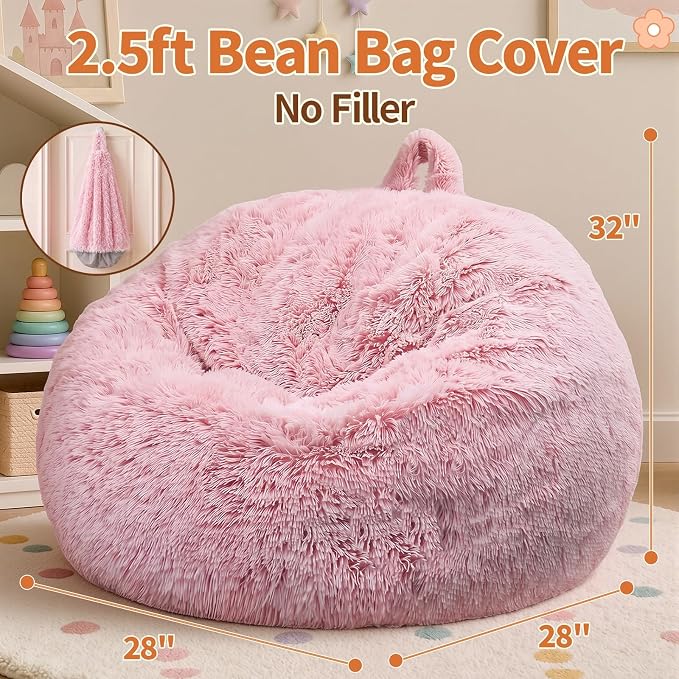 Stuffed Animal Storage Bean Bag Chair Cover, Soft Bean Bag Cover | Fluffy Faux Fur Stuffed Animal Storage Chair, Non-Slip Bottom, Fill with Plush Toys or Blankets, for Kids Teens Adults Girls
