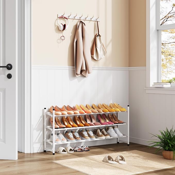 Expandable Shoe Rack for Closet 3 Tier, 28“-41“Stackable, White | Adjustable Shoe Organizer Closet Shoe Rack Floor, Metal Shoe Shelf Storage for Entryway, Closet, Garage, Front Door Entrance