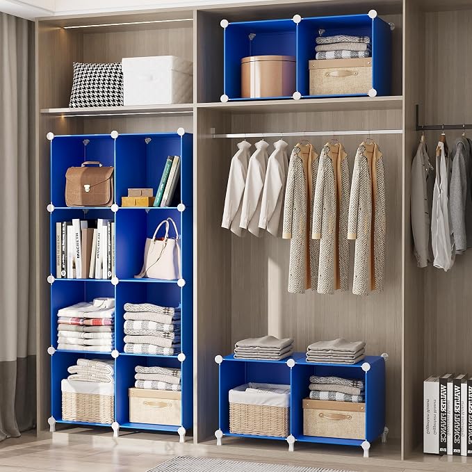AWTATOS Cube Storage Organizer, Closet Organizers Storage Shelf, 16 Cube | DIY Stackable Storage Cube Shelves, Plastic Clothes Organizer Shelving for Bedroom, Home Office, Blue