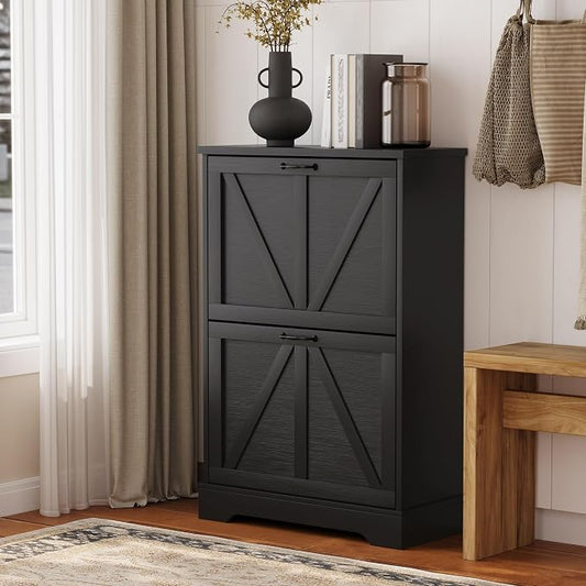 Semiocthome Farmhouse Shoe Storage Cabinet with 2 Flip Drawers, 23.6"(W) Freestanding Shoe Organizer with Barn Door and Metal Handles for Entryway, Corner Rustic Narrow Shoe Rack Cabinet - Black