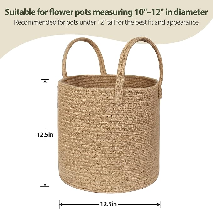 Round Wicker Basket with Handle, 12.5"x12.5" Woven Jute Rope Plant Basket for 11" Pot, Indoor Boho Tree Planter, Decorative Flower Pot Cover, Rustic Holder for Plants and Decor, Shoes Bin